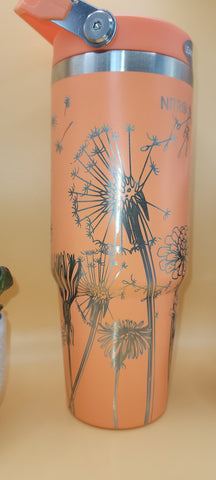 Dandelions Laser Engraved 30oz Double Wall Insulated Tumbler Engraved Tumbler Full Wrap Seamless Design, Double Wall Insulated Cup