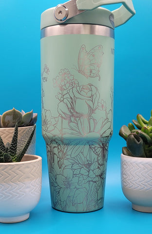 Butterflies Blooming Garden Laser Engraved 30oz Double Wall Insulated Tumbler Custom Seamless Tumbler