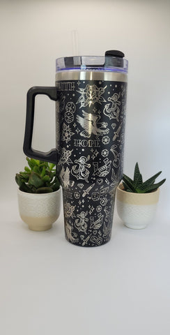 Old school Tattoos 40oz Double Wall Insulated Tumbler with Handles Gift for mom, Granny, sister, Niece, Teacher gift, Tattoo