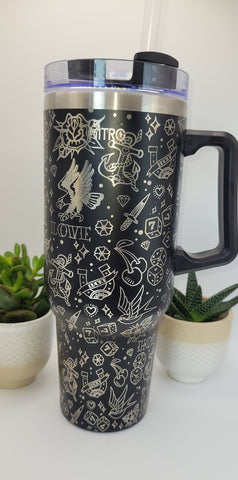 Old school Tattoos 40oz Double Wall Insulated Tumbler with Handles Gift for mom, Granny, sister, Niece, Teacher gift, Tattoo