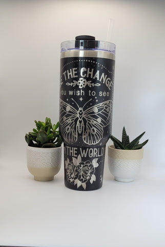 Butterflies Be the change Motivational 40oz Double Wall Insulated Tumbler with Handles Gift for mom, Granny, sister, Niece, Teacher gift