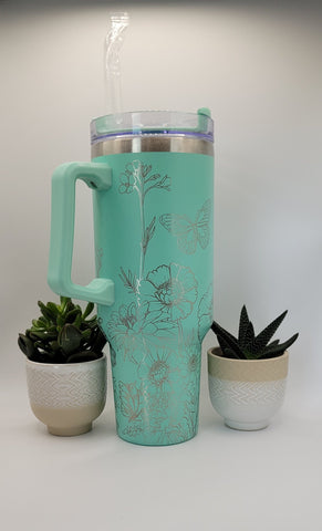 Butterflies Blooming Garden 40oz Double Wall Insulated Tumbler with Handles Gift for mom, Granny, sister, Niece, Teacher gift, Flower lover