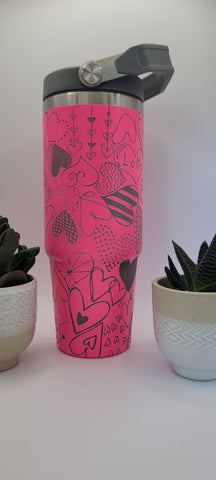 Neon Pink Heart Laser Engraved 30oz Double Wall Insulated Tumbler Custom Seamless Tumbler