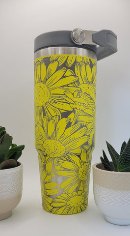 Neon Yellow Sunflowers Blooming Garden Laser Engraved 30oz Double Wall Insulated Tumbler Custom Seamless Tumbler