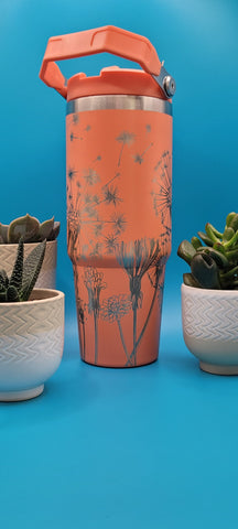 Dandelions Laser Engraved 30oz Double Wall Insulated Tumbler Engraved Tumbler Full Wrap Seamless Design, Double Wall Insulated Cup