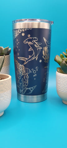 Sharks Ocean Scene Laser Engraved Custom Seamless 20oz Double Wall Insulated Tumbler Travel mug