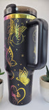 Whimsical Butterflies - Black on rainbow base  40oz Double Wall Insulated Tumbler with Handles Gift for mom, Granny, sister