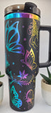 Whimsical Butterflies - Black on rainbow base  40oz Double Wall Insulated Tumbler with Handles Gift for mom, Granny, sister