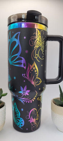 Whimsical Butterflies - Black on rainbow base  40oz Double Wall Insulated Tumbler with Handles Gift for mom, Granny, sister