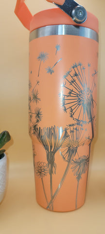 Dandelions Laser Engraved 30oz Double Wall Insulated Tumbler Engraved Tumbler Full Wrap Seamless Design, Double Wall Insulated Cup