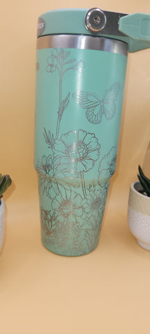 Butterflies Blooming Garden Laser Engraved 30oz Double Wall Insulated Tumbler Custom Seamless Tumbler