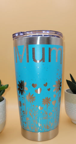 Mum Flowers and hearts Laser Engraved 20oz Double Wall Insulated Tumbler Travel mug, custom Seamless Tumbler ,Gift for mum, mother