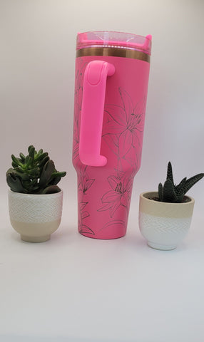 Tiger Lillies | Lilly Floral gift. Pink on copper base  40oz Double Wall Insulated Tumbler with Handles Gift for mom, Granny, sister