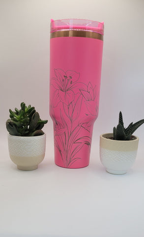 Tiger Lillies | Lilly Floral gift. Pink on copper base  40oz Double Wall Insulated Tumbler with Handles Gift for mom, Granny, sister