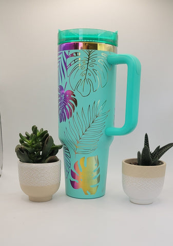 Monstera Leaves, Tropical garden - Teal on rainbow base  40oz Double Wall Insulated Tumbler with Handles Gift for mom, Granny, sister