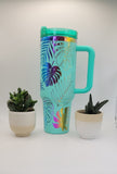 Monstera Leaves, Tropical garden - Teal on rainbow base  40oz Double Wall Insulated Tumbler with Handles Gift for mom, Granny, sister