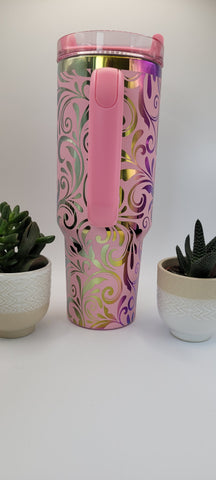 Tooled Leather Paisley Floral gift Pink on rainbow base  40oz Double Wall Insulated Tumbler with Handles Gift for mom, Granny, sister