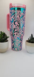 Tooled Leather Paisley Floral gift Pink on rainbow base  40oz Double Wall Insulated Tumbler with Handles Gift for mom, Granny, sister