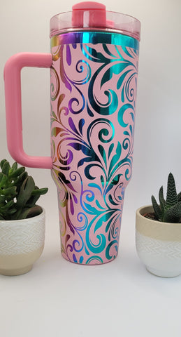 Tooled Leather Paisley Floral gift Pink on rainbow base  40oz Double Wall Insulated Tumbler with Handles Gift for mom, Granny, sister