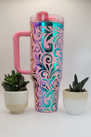 Tooled Leather Paisley Floral gift Pink on rainbow base  40oz Double Wall Insulated Tumbler with Handles Gift for mom, Granny, sister