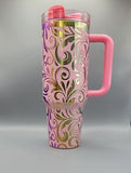 Tooled Leather Paisley Floral gift Pink on rainbow base  40oz Double Wall Insulated Tumbler with Handles Gift for mom, Granny, sister