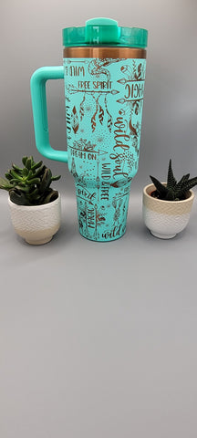 Wild one, dreamer, free soul, western. Teal on copper base  40oz Double Wall Insulated Tumbler with Handles Gift for mom, Granny, sister