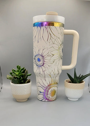 SuNflowers, floral gift - white on rainbow base  40oz Double Wall Insulated Tumbler with Handles Gift for mom, Granny, sister, mum, Friend