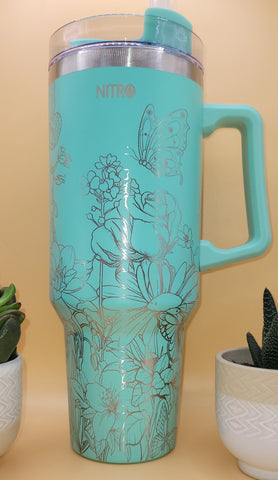 Butterflies Blooming Garden 40oz Double Wall Insulated Tumbler with Handles Gift for mom, Granny, sister, Niece, Teacher gift, Flower lover