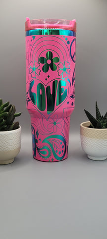 Boho, love, paisley Pink on rainbow base  40oz Double Wall Insulated Tumbler with Handles Gift for mom, Granny, sister