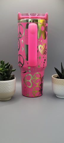 Boho, love, paisley Pink on rainbow base  40oz Double Wall Insulated Tumbler with Handles Gift for mom, Granny, sister