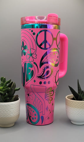 Boho, love, paisley Pink on rainbow base  40oz Double Wall Insulated Tumbler with Handles Gift for mom, Granny, sister