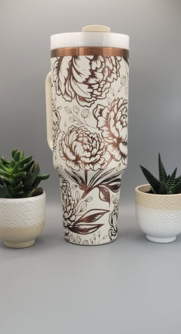 Peonies, Peony flower cream on copper base  40oz Double Wall Insulated Tumbler with Handles Gift for mom, Granny, sister