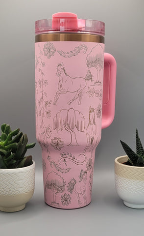 Horses, horse lover, horse riding Pink on copper base  40oz Double Wall Insulated Tumbler with Handles Gift for mom, sister