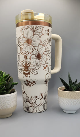 Honey Bees flower cream on copper base  40oz Double Wall Insulated Tumbler with Handles Gift for mom, Granny, sister