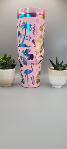 Flamingos, beach vibes, summer vaccation Pink on rainbow base  40oz Double Wall Insulated Tumbler with Handles Gift for mom, Granny, sister