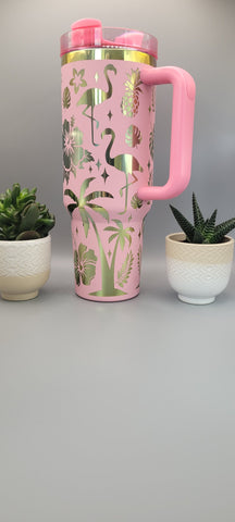 Flamingos, beach vibes, summer vaccation Pink on rainbow base  40oz Double Wall Insulated Tumbler with Handles Gift for mom, Granny, sister