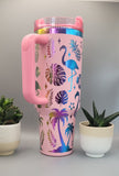 Flamingos, beach vibes, summer vaccation Pink on rainbow base  40oz Double Wall Insulated Tumbler with Handles Gift for mom, Granny, sister