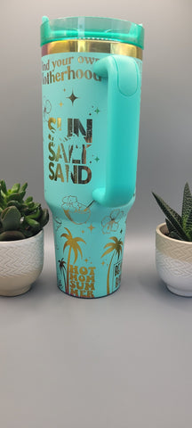 Hot Mom Beach bum, Beach vibes- Teal on rainbow base  40oz Double Wall Insulated Tumbler with Handles Gift for mom, Granny, sister