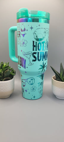 Hot Mom Beach bum, Beach vibes- Teal on rainbow base  40oz Double Wall Insulated Tumbler with Handles Gift for mom, Granny, sister