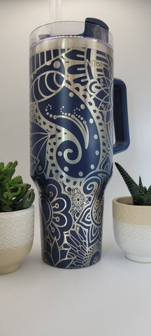 Henna, paisley, floral 40oz Double Wall Insulated Tumbler with Handles Gift for mom, Granny, sister, Niece, Teacher gift, Fish lover