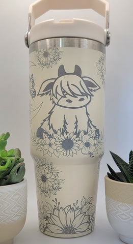 Highland Cow and Sunflowers Laser Engraved 30oz Double Wall Insulated Tumbler Custom Seamless Tumbler