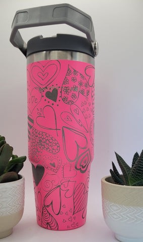 Neon Pink Heart Laser Engraved 30oz Double Wall Insulated Tumbler Custom Seamless Tumbler