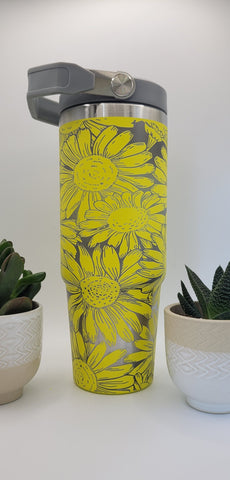 Neon Yellow Sunflowers Blooming Garden Laser Engraved 30oz Double Wall Insulated Tumbler Custom Seamless Tumbler