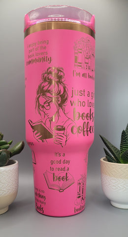 Book lover, girl who loves books Pink on copper base  40oz Double Wall Insulated Tumbler with Handles Gift for mom, sister