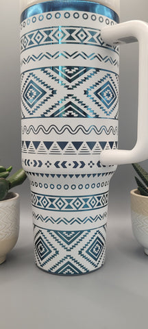 Aztec, Ndebele, geometric pattern, white on blue base  40oz Double Wall Insulated Tumbler with Handles Gift for mom, sister