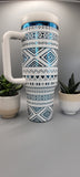 Aztec, Ndebele, geometric pattern, white on blue base  40oz Double Wall Insulated Tumbler with Handles Gift for mom, sister