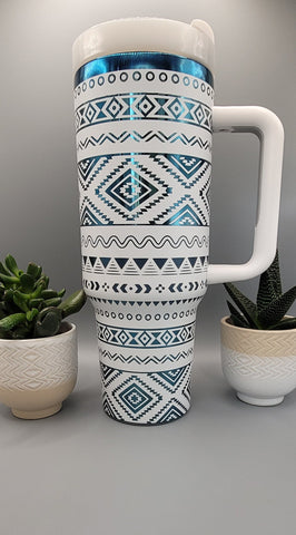 Aztec, Ndebele, geometric pattern, white on blue base  40oz Double Wall Insulated Tumbler with Handles Gift for mom, sister