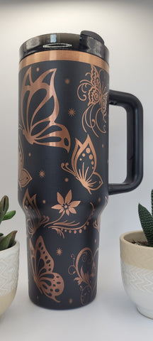 Whimsical Butterflies - Black on copper base  40oz Double Wall Insulated Tumbler with Handles Gift for mom, Granny, sister