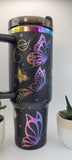 Whimsical Butterflies - Black on rainbow base  40oz Double Wall Insulated Tumbler with Handles Gift for mom, Granny, sister