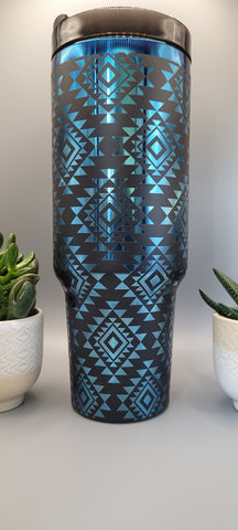 Aztec, Ndebele, geometric pattern, Black on blue base  40oz Double Wall Insulated Tumbler with Handles Gift for mom, sister